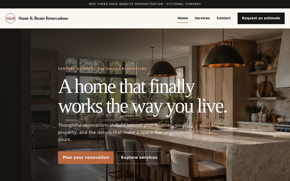 Stone and Beam Renovations: fictional remodeling website demonstration